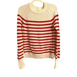 J Crew Open Knit Cotton Sweater Red Cream Stripe Lightweight Pullover
